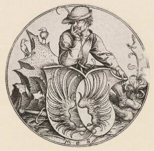 Das Wappenschild mit zwei Flügeln, von einem sitzenden Bauern gehalten, rund, aus der Folge der Wappen