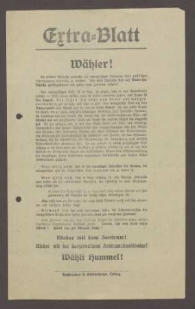 Flugblatt: "Extra-Blatt. Wähler!...Wählt Hummel!", Fortschrittliche Volkspartei, Buchdruckerei L. Schönenberger, Triberg