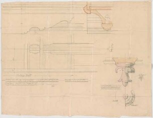 Thiersch, Friedrich von; München; Haus für Handel und Gewerbe - Unterzug Börsensaal (Schnitt, Details); Deckenrosette (Teilansicht, Schnitte, Perspektive)