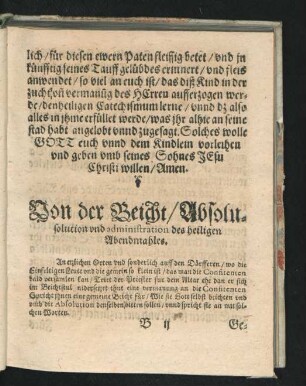 Von der Beicht/ Absolution und administration des heiligen Abendmahles.