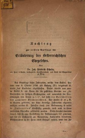 Nachtrag zur ersten Auflage der Erläuterung des Oesterreichischen Ehegesetzes