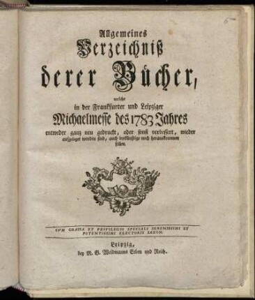 1783,2: Allgemeines Verzeichniß derer Bücher, welche in der Frankfurter und Leipziger Michaelmesse des 1783 Jahres