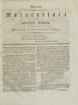 Nro. 210. Freitag, 1. September 1820. - Nro. 215. Donnerstag, 7. September 1820.