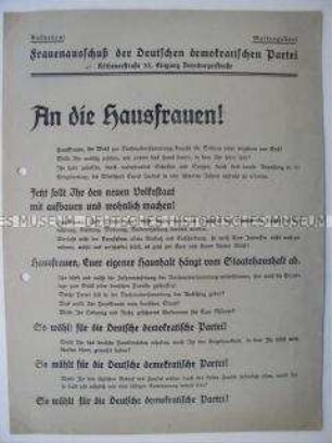 Flugblatt des Frauenausschusses der Deutschen demokratischen Partei mit Wahlaufruf