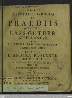 Disputatio Iuridica De Praediis Quae Vulgo Lass-Güther Appellantur
