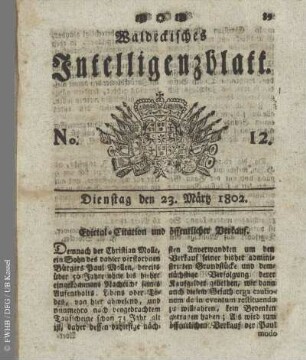 No. 12, Dienstag den 23. März 1802