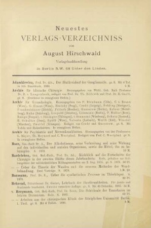 Neuestes Verlags-Verzeichnis von August Hirschwald. Verlagsbuchhandlung in Berlin N.W. 68 Unter den Linden