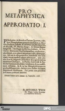 Pro Metaphysica / Approbatio I.