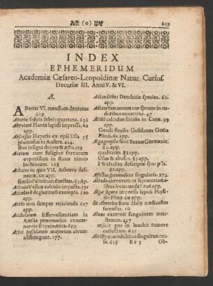 Index Ephemeridum Academiae Caesareo-Leopoldinae Natur. Curios. Decuriae III. Anni V. & VI.