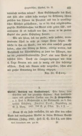 465-473 [Rezension] Hergenröther, Joseph, Photius, Patriarch von Constantinopel