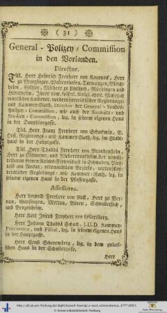 General-Polizey-Commission in den Vorlanden.