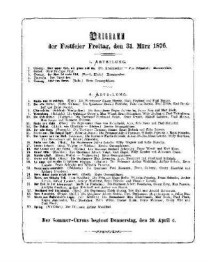 Programm der Festfeier Freitag, den 31. März 1876
