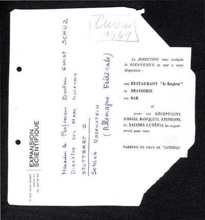 Teil eines Briefumschlages an Ernst Schüz von Exansion Scientifique