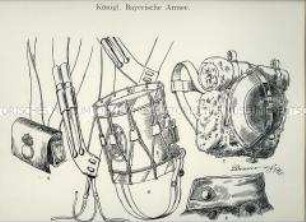 Uniformdarstellung, Detailstudie Patronentasche, Trommelstöcke, Trommel, Kragen und Tornister der Linien-Infanterie, Königreich Bayern, 1806/1812. Beiblatt 2 zu Tafel I aus: Müller/Braun: Königl. Bayerische Armee.