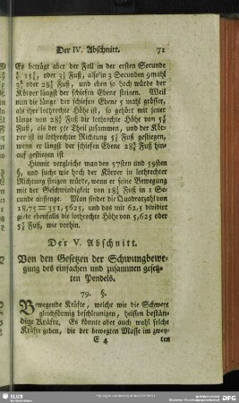 Der V. Abschnitt. Von den Gesetzen der Schwungbewegung des einfachen und zusammen gesetzten Pendels