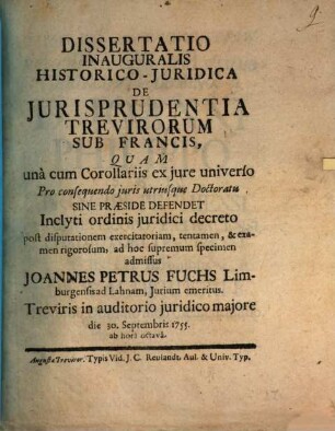 Diss. inaug. hist. iur. de iurisprudentia Trevirorum sub Francis