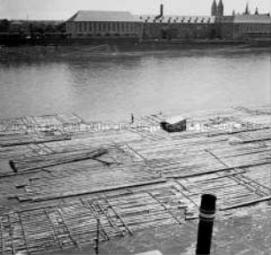 Flösse auf dem Rhein (Hintergrund: Haus der rheinischen Heimat)