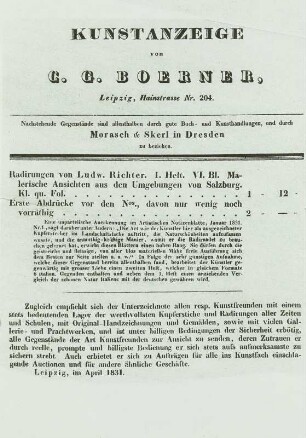 Kunstanzeige von C.C. Boerner mit der Ankündigung der Folge 'Malerische Ansichten aus den Umgebungen von Salzburg' von Ludwig Richter