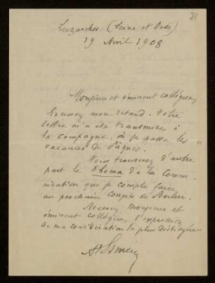 28: Brief von Adhémar Esmein an Otto von Gierke, Luzardes (Seine et Oise), 19.4.1908