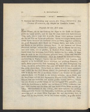 V. Geschichte und Beschreibung einer neuen Art Tang (Fucus) Von Thomas Woodwaard, Esq. Mitglied der Linneischen Societät