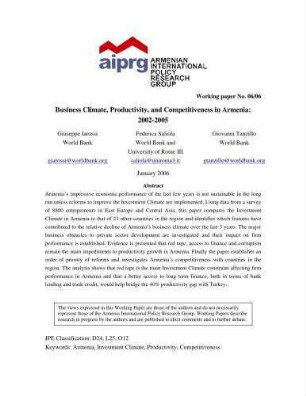 Business climate, productivity, and competitiveness in Armenia : 2002 - 2005