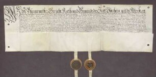 Erbhuldigungsrevers der Stadt Pforzheim und ihrer Angehörigen als Leibeigene gegen Markgrafen Georg Friedrich von Baden-Durlach nach Ordnungen und Freiheiten der Stadt