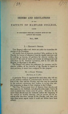 Orders and regulations of the faculty of Harvard College, 1850
