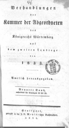 1,87: Landtag Württemberg - Kammer 2, Protokolle, 1833-2. Landtag, Bd. 9
