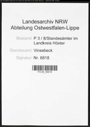 Sterberegister Standesamt Vinsebeck