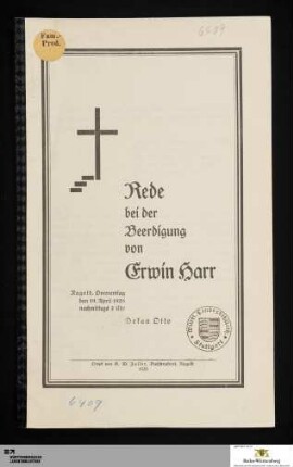 Rede bei der Beerdigung von Erwin Harr : Nagold, Donnerstag den 19. April 1928 nachmittags 2 Uhr
