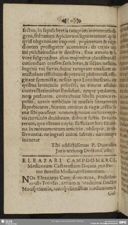 Eleazari Campdomerci Medicorum Castrensium Decani pro Petro Borello Medico, testimonium