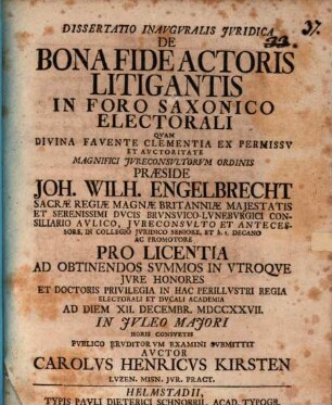Dissertatio Inavgvralis Jvridica De Bona Fide Actoris Litigantis In Foro Saxonico Electorali