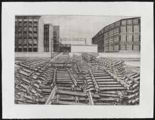 Radierung des Künstlers Erhard Groß, Titel: Teilstrecken Görlitzer Bahnhof, Ed. 4/30, 1989