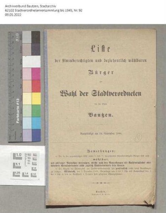 Liste der stimmberechtigten und beziehentlich wählbaren Bürger zur Wahl der Stadtverordneten für die Stadt Bautzen