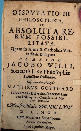 Disp. III. de absoluta rerum possibilitate