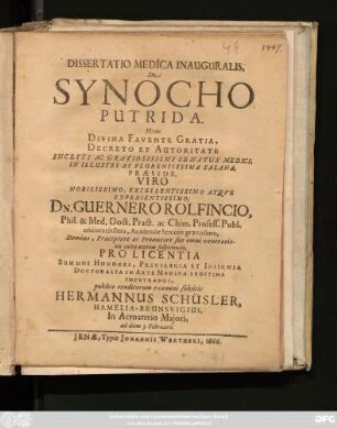 Dissertatio Medica Inauguralis, De Synocho Putrida
