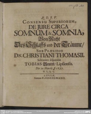 Q. D. B. V. Consensu Superiorum, De Jure Circa Somnum & Somnia