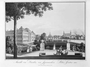 Ansicht von Dresden vom Japanischen Palais Garten aus : Ansicht von Dresden vom Japanischen Palais Garten aus. Kupferstich, koloriert. nach 1800