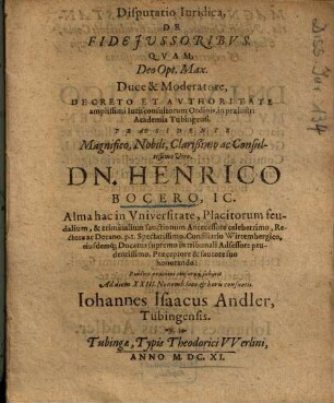 Disputatio Iuridica, De Fide Jussoribvs