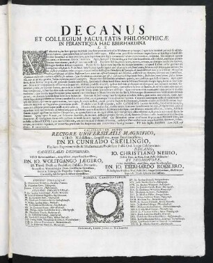 Decanus Et Collegium Facultatis Philosophicae In Perantiqua Hac Eberhardina L. S.