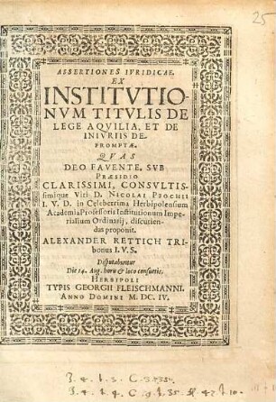Assertiones Ivridicae Ex Institvtionvm Titvlis De Lege Aqvilia, Et De Inivriis Depromptae