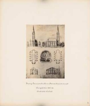 Evangelische Garnisonkirche, Neiße: Vorderansicht, Seitenansicht, 2 Grundrisse, 2 Schnitte, 1 Perspektivische Innenansicht