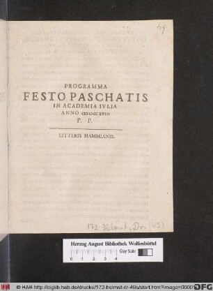Programma Festo Paschatis In Academia Ivlia Anno MDCCXVIII P. P.