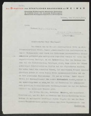 Brief von Walter Gropius von Staatliches Bauhaus  an Gerhart Hauptmann