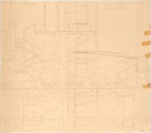 Fischer, Theodor; Würzburg, Münsterplatz; Sparkasse - Treppe zum Tresor (Grundriss Keller zum EG,Grundriss EG zum 1. OG, Schnitte)