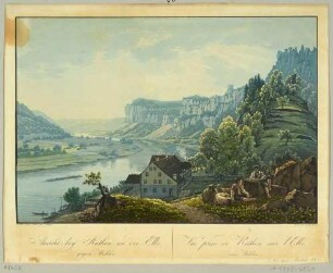 Das Elbtal bei Rathen in der Sächsischen Schweiz, Blick vom alten Erbgericht nach Westen