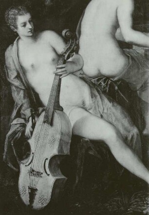 Musizierende Frauen : Tintoretto, Jacopo:. Musizierende Frauen. Ausschnitt linkes Bilddrittel: Muse mit Gambe und Orgelspielerin. Ölmalerei; 142 x 214 cm. Dresden: Gemäldegalerie Alte Meister Kat. 1908, Nr. 265
