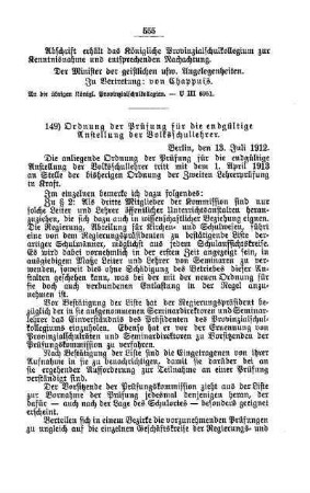 Ordnung der Prüfung für die endgültige Anstellung der Volksschullehrer : [D. Lehrer- und Volksschullehrerinnen-Seminare etc., Bildung der Lehrer und Lehrerinnen und deren persönliche Verhältnisse]