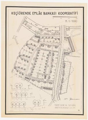Gesamtbebauungsplan Ankara Siedlung Keciörende Emlak Bankasi Kooperatifi: (Lichtpause von Inv.Nr. 23042), Grund- und Lageplan 1:1000, Straßenprofile 1:200