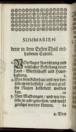 Summarien derer in dem Ersten Theil enthaltenen Capitel.